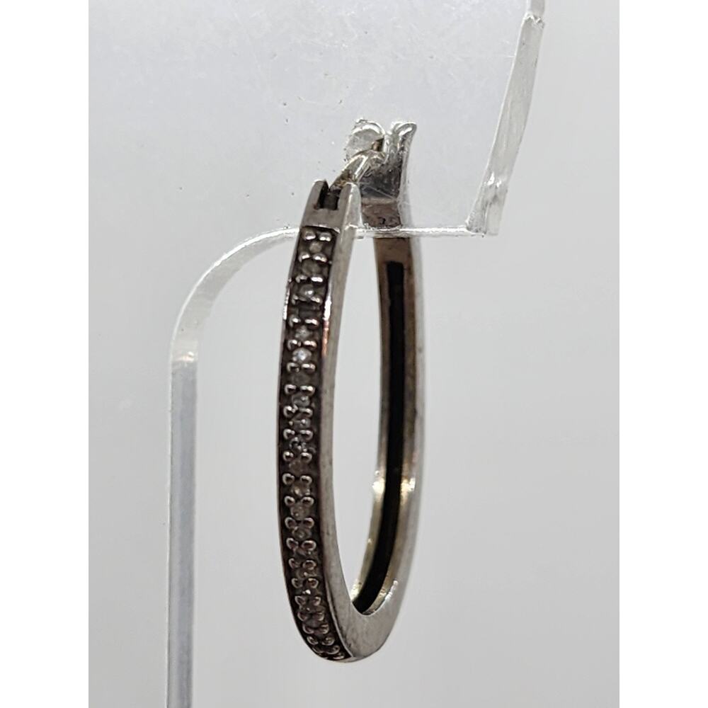 Sterling Silver Diamond Hoop Earrings Pave Set Oval Hoops Vintage Style - Picture 16 of 16